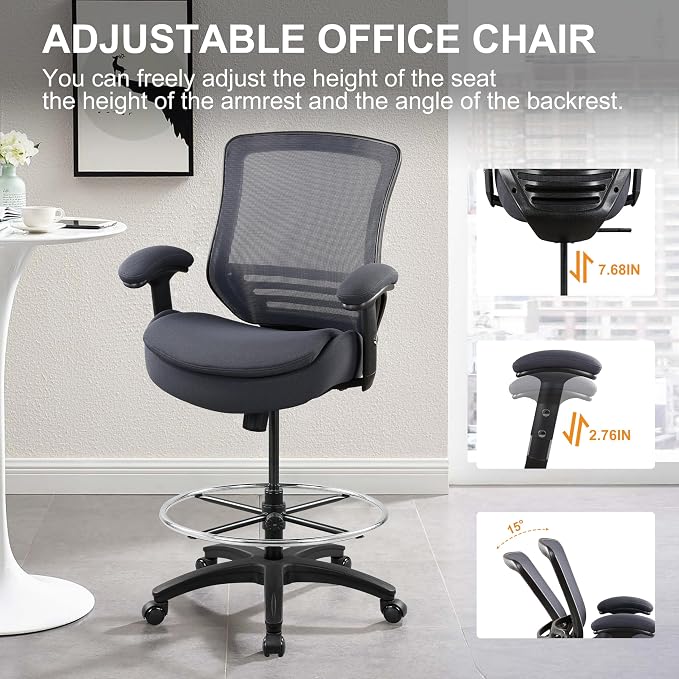 400lbs Office Drafting Chair Wide Dual Seat Cushion Height Adjustable Armrest for High Standing Desk with Lumbar Support and Enlarged Adjustable Footrest (Black Frame Gray Fabric) - Image 5