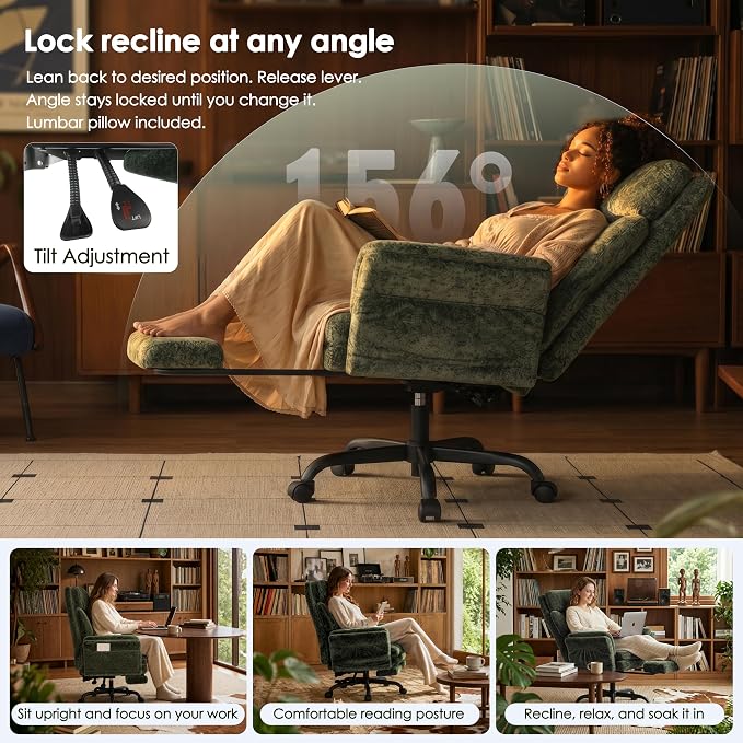 C57 Ergonomic Reclining Office Chair with Footrest, Velvet Desk Chair with 6-Stage Adjustable Wing Armrests for Cross Legged Sitting, Pet Friendly High Back Lounge Gaming Chair for Home Office - Image 6