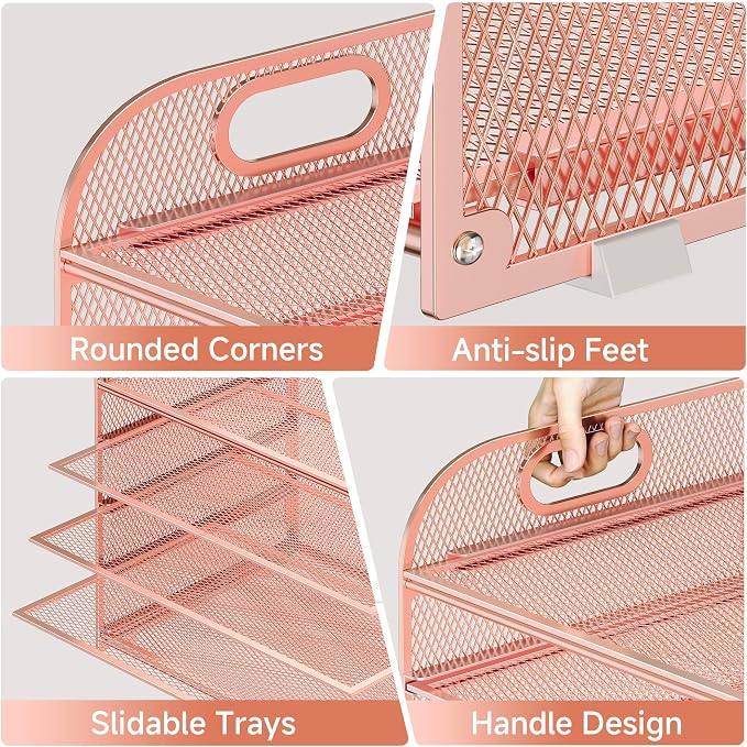 Paper Organizer Letter Tray with Handle Mesh 5 Trays | Desk File Organizer Paper Sorter Desk Organizer for Office, Home or School-Rose Gold - Image 3