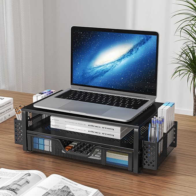 Simple Trending Monitor Stand with Drawer, 2-Tier Laptop Stand, Black | Desk Organizers and Accessories with Drawer and 2 Pen Holders, Sturdy Metal Stand Riser for Home Office, 20"W x 10"D x 5.8"H - Image 5