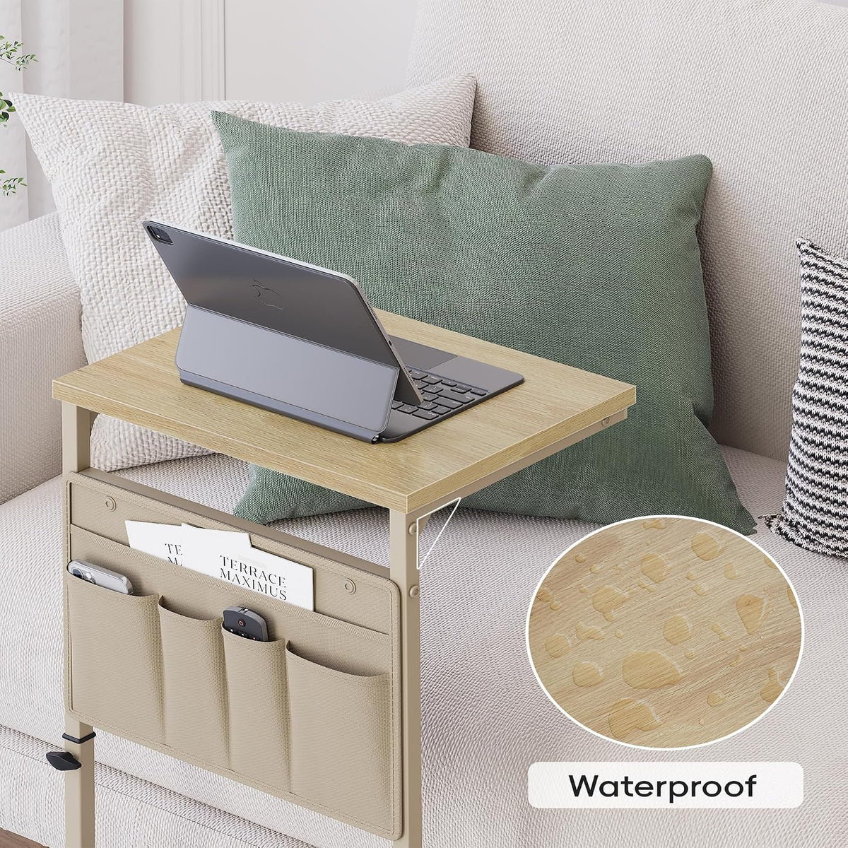 C Shaped End Table, 32'' Tall Side Table for Couch, Adjustable Height Small Couch Side Table for Small Spaces, End Table Slide Under Sofa Table TV Tray Table Arm Table for Living Room - Image 4