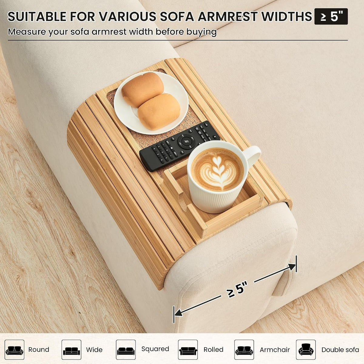 Bamboo Sofa Arm Tray Table, Foldable Couch Cup Holder, Anti-Slip Wide Couch Arm Tray Aremrest Table for Drink, Cup, Remote, Snacks, Cellphone, Portable, Bamboo/Cork Color - Image 5