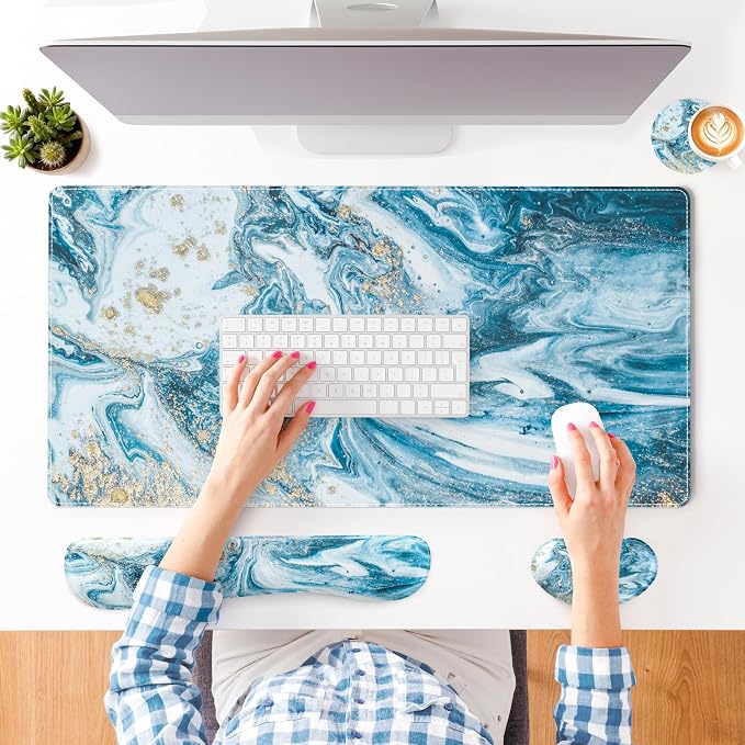 QIYI PU Leather Desk Mat Set, 4-in-1 Ergonomic Wrist Rest, Blue Marble | Waterproof Large Mouse Pad 31.5×15.7 + Keyboard Wrist Rest + Mouse Wrist Support+Coaster, Non-Slip Office Gaming Accessories - Image 8