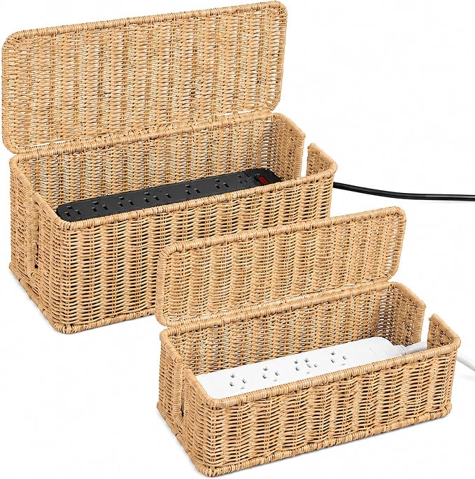 2PCS Cable Management Box Set, Handmade Rattan Cord Organizer | Large & Standard Sizes for Power Strip, Router & USB Hub, Registered U.S. Design Patent by Cantalop