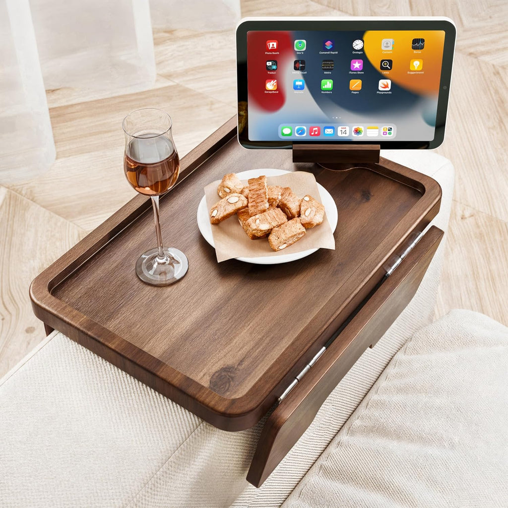 15.75" Acacia Couch Armrest Table with Phone Holder, Walnut Color by HOLANA