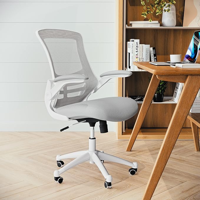Flash Furniture Mid-Back Light Gray Mesh Swivel Ergonomic Task Office Chair with White Frame and Flip-Up Arms | White Frame, Mid-Back, Flip-Up Arms, Mesh Back - Image 7