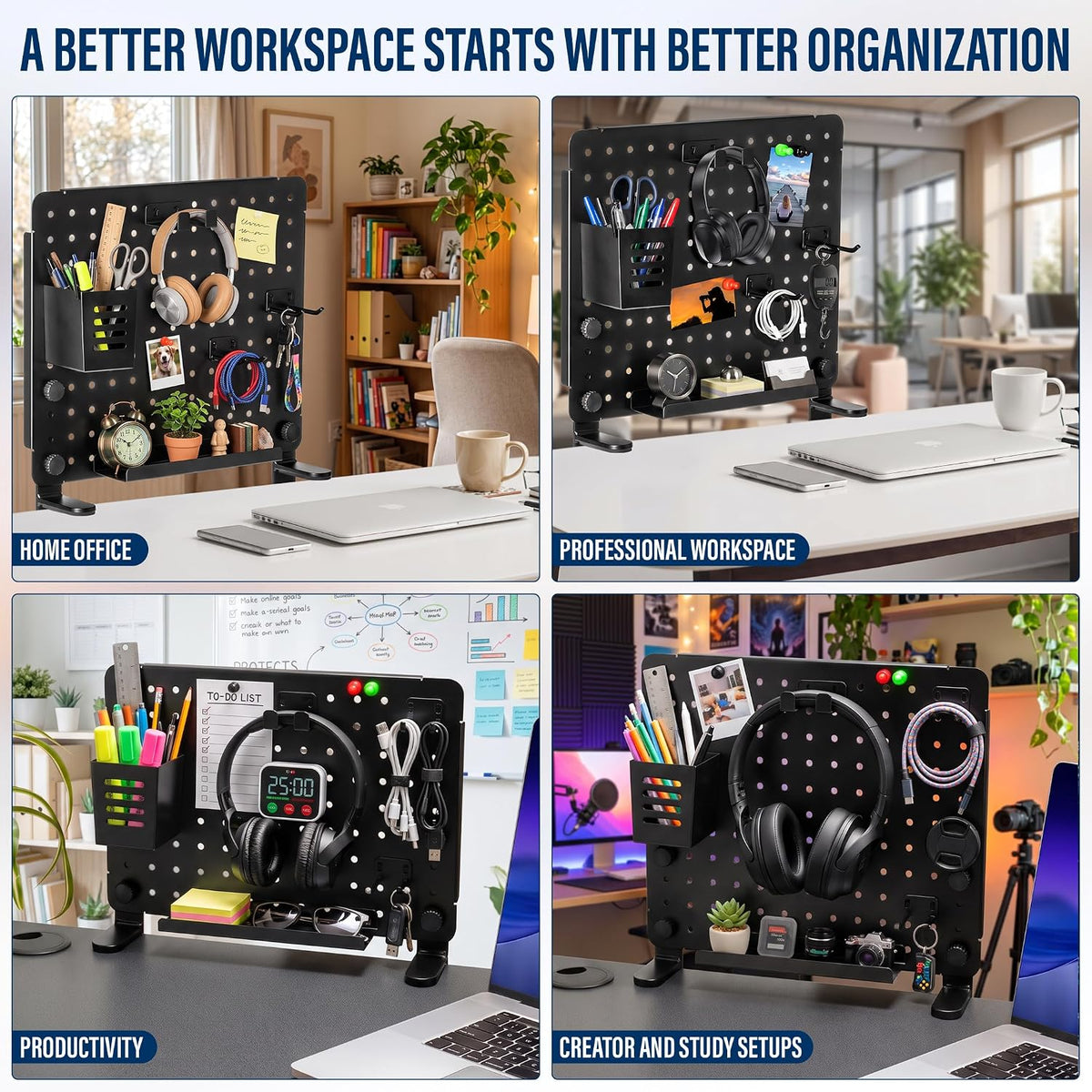 Clamp On Desk Pegboard, Desk Organizer, Tool-Free, Black Steel LINEWISE - Image 7