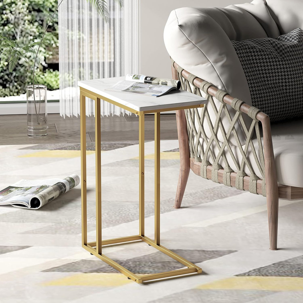 Yusong C Shaped End Table, Couch Side Table that Slide Under Sofa Bed, Small Table for Small Spaces, Skinny Overbed Table for Coffee Drink Snack, Living Room, Gold and White Marbled Wooden Top - Image 2