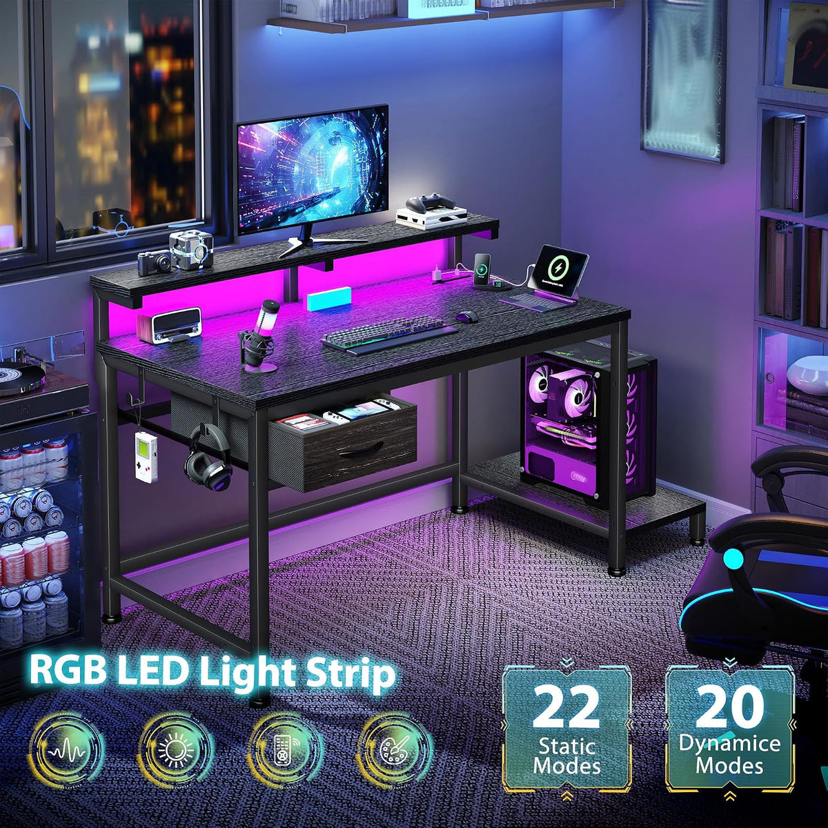 32" Gaming Desk with Power Outlet and LED Lights,Bedroom,Black - Image 4