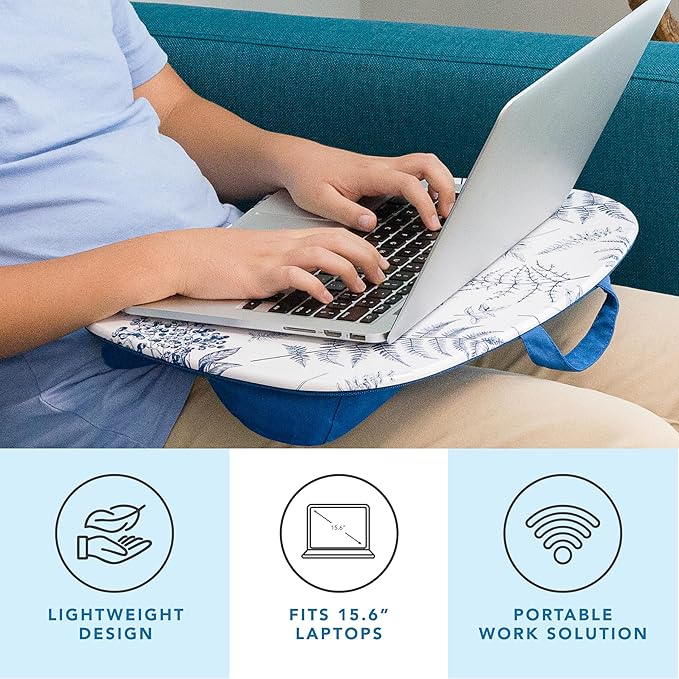 LAPGEAR MyStyle Lap Desk – Blue Garden, Fits 15.6” Laptops | Dual-Bolster Microbead Cushion, Built-In Carry Handle, Ergonomic Curved Front Edge - Image 2