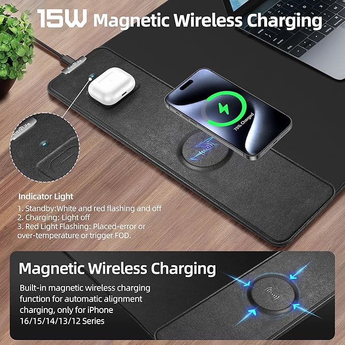 Wireless Charging Mouse Pad, Gaming Desk Mat with 20W Adapter, 31.5"x15.7" | Large XXL Desk Pad, Non-Slip Rubber Base, Ultra-Smooth Surface, Waterproof Computer Keyboard Pad for Home Office, Black - Image 2