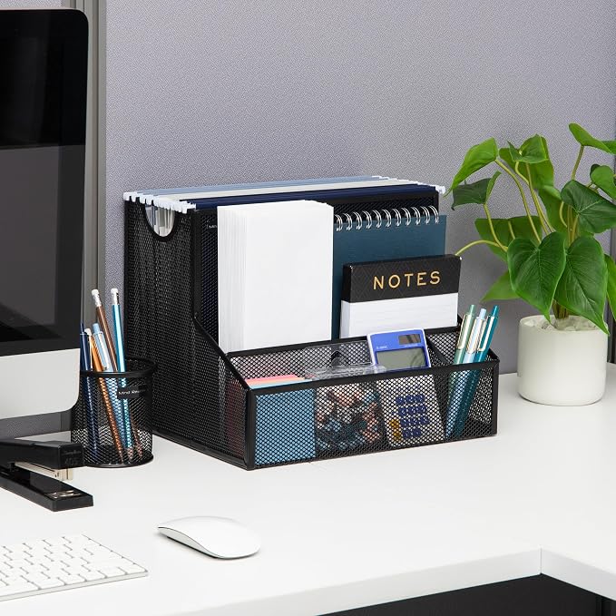 Mind Reader Desktop Organizer with Hanging File Storage, 4 Compartment Letter Size File Holder, Metal Mesh Desk Organizer for Office and Home, Black - Image 2