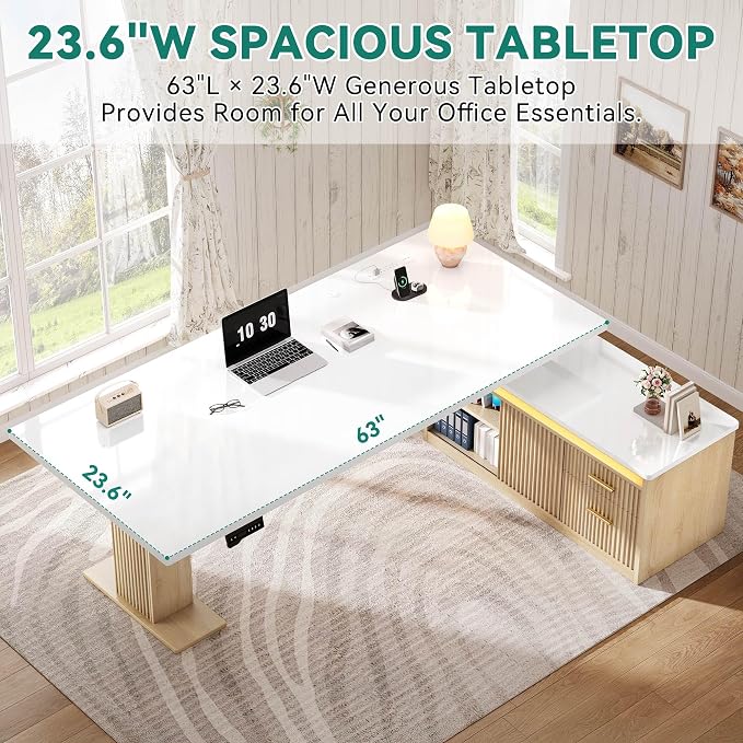 YITAHOME L Shaped Standing Desk with Power Outlets & LED Lights, 63" Electric Standing Desk Adjustable Height Sit Stand Corner Standing Desks with Drawers & Sliding Door, High-Gloss White+Natural Oak - Image 8