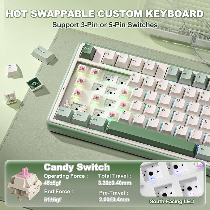YUNZII B98 PRO 96% Wireless Mechanical Keyboard(Matcha Green, Candy Switch) | QMK/VIA, with Numpad, Dual-Style Knob Design, Creamy Pre-Lubed Switches, Hot Swap, Gasket Mount, RGB for Gaming/Win/Mac - Image 6
