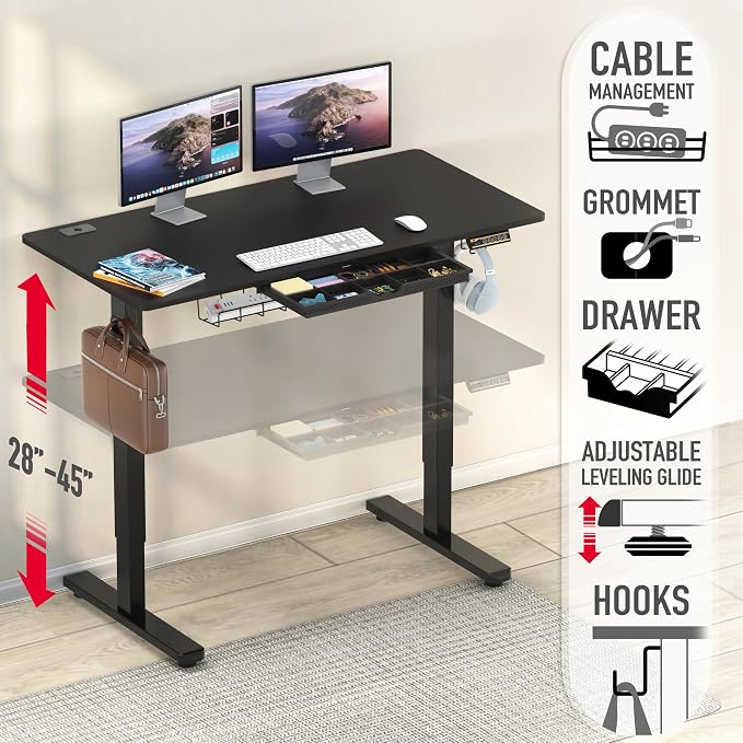 SHW 48-Inch Electric Height Adjustable Standing Desk w/Drawer, Black | w/ Memory Presets and Cable Management | Drawer with adjustable compartments | Hanging Hooks - Image 4