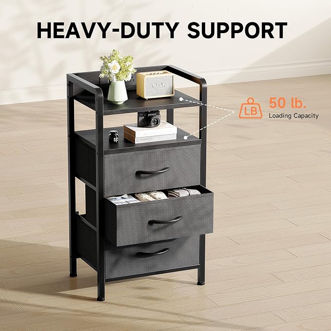 Lazzanto Nightstand with Rear Charging Station, LED Light, 3 Drawers, Black | Industrial Nightstand, 2 USB-A Ports & AC Outlets, Raised Back Guard, Fabric Storage Drawers, Bedside Table for Bedroom, Dorm - Image 7