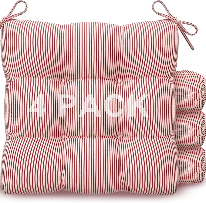 Geetery Red and White 4 Pack Ticking Stripe Chair Cushions with Ties, 16"x15" Reversible Indoor Chair Pads for Dining Chairs, Soft Kitchen Seat Cushions for Home Office Living Room by Geetery