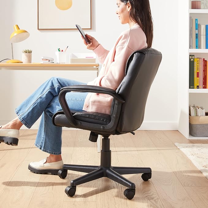 Amazon Basics Office Task Chair with Adjustable Height, 360° Swivel, Padded Armrests, Mid-Back, Rolling, 275 Pound Capacity, 24.2"D x 24"W x 34.8"H, Black Faux Leather - Image 2