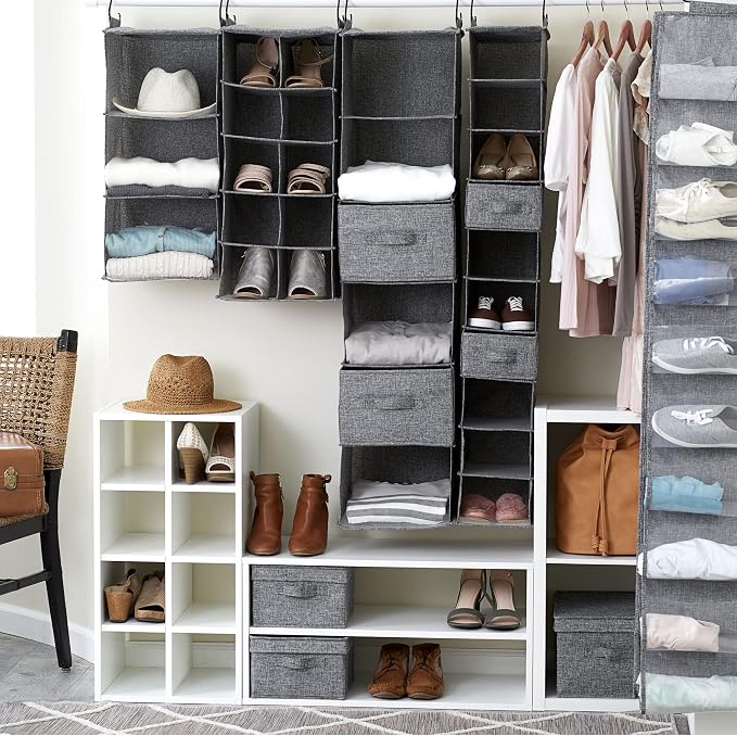 Household Essentials 10 Pocket Double Hang Canvas Shoe Organizer Side‑by‑Side Hanging Storage, Gray - Image 4