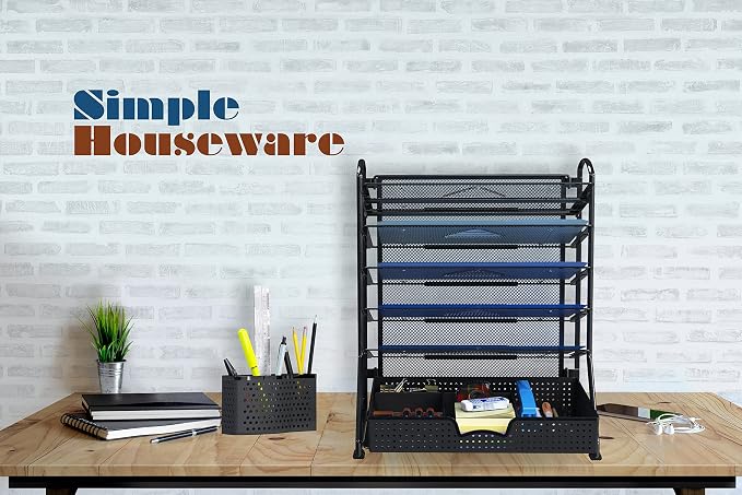 Simple Houseware 6-Tier Desk File Organizer w/Drawer & Pen Holder, Black | 5 Tilted Letter Trays for A4 Paper, Mail and Documents - Image 8