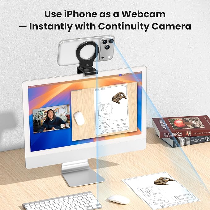 Itramax 360° Continuity Camera iPhone Webcam Mount for iMac&Desktop Monitor | Magnetic PC Phone Webcam Holder Stand,Metal Rings,for MagSafe iPhone 17 16 15 14 13 12 11 XR XS,Apple TV,Studio Display,Black - Image 5