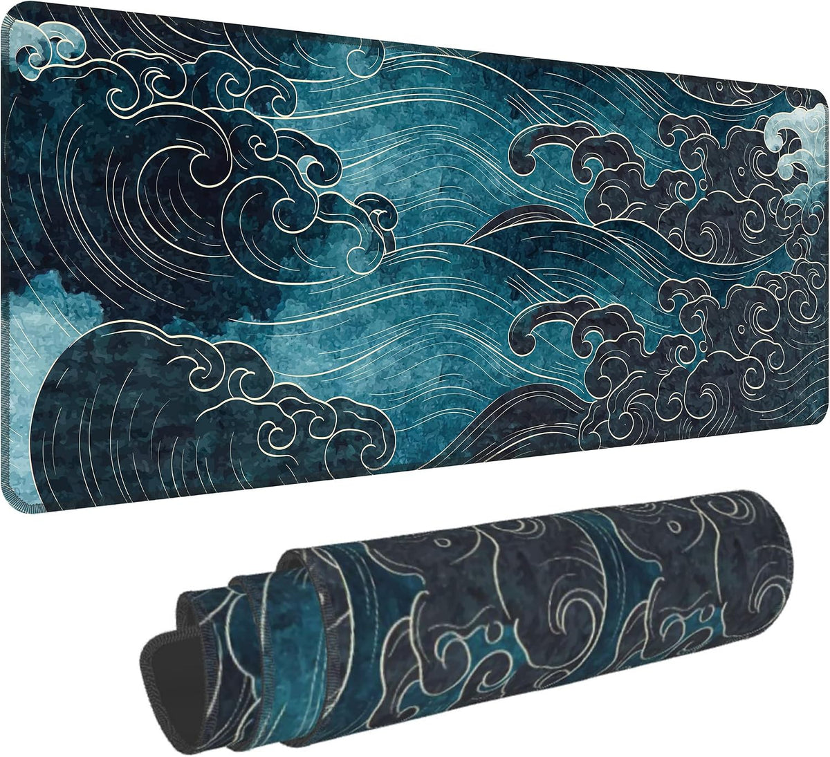 Japanese Sea Waves Mouse Pad,XL 31.5"x11.8" Big Gaming Mousepad,Japanese Sea Waves Large Extended Mouse Mat,Non-Slip Rubber Base Waterproof with Stitched Edges for Gaming Office Home by HUNJIEEM