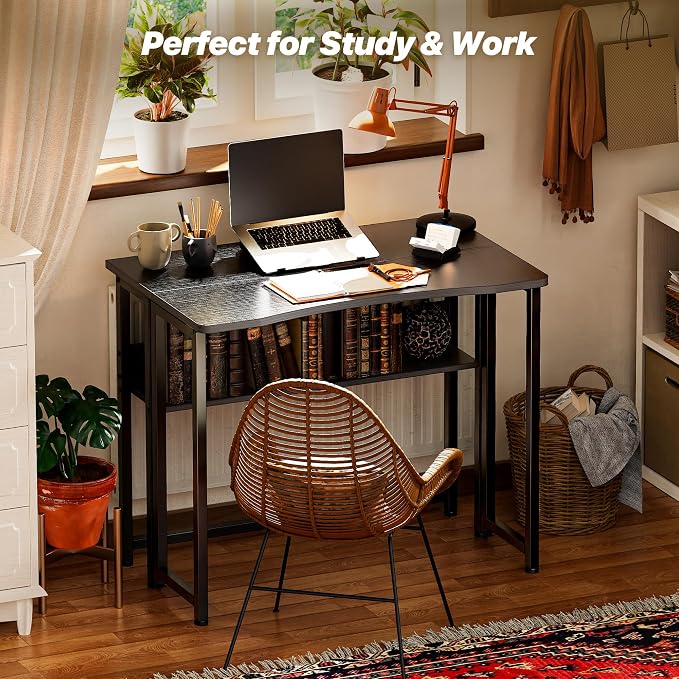 Huuger Folding Desk with Storage Shelf, 31.5 Inch Foldable Computer Table | Writing Work Office Computer Desk for Small Spaces, Space Saving Sofa Table for Couch, Easy to Fold, Black - Image 8