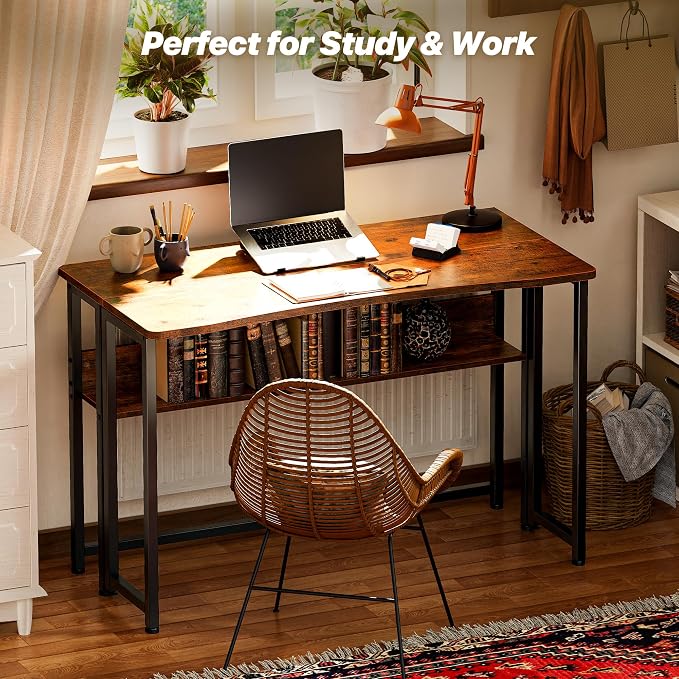 Huuger Folding Desk with Storage Shelf, 39.3 Inch Foldable Computer Table | Writing Work Office Computer Desk for Small Spaces, Space Saving Sofa Table for Couch, Easy to Fold, Rustic Brown - Image 8