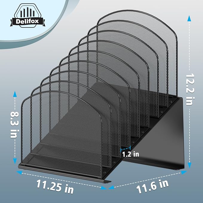 Delifox Inclined Desk File Organizer, 8-Section, Black | Upright Desk File Holder, Standing File Sorter, For Office School Classroom Desktop Organization - Image 2
