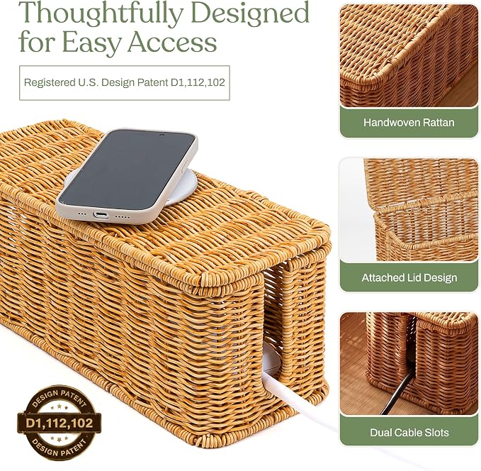 2PCS Cable Management Box Set, Handmade Rattan Cord Organizer | Large & Standard Sizes for Power Strip, Router & USB Hub, Registered U.S. Design Patent - Image 6