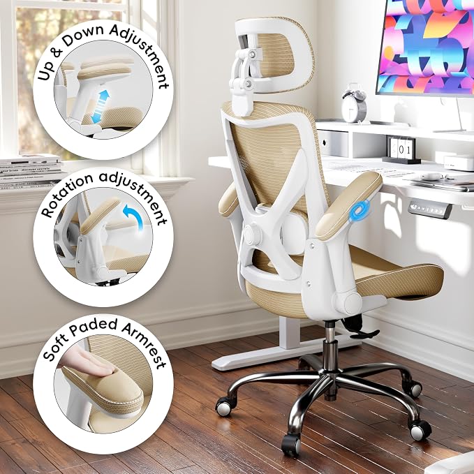 Ergonomic Office Chair:Home Office Desk Chairs with Headrest Lumbar Support | Ergalithic Ergonomic Desk Chair X-Shaped Mesh PU Leather Executive Computer Chair High Back Flip-Up Arms for Long Hour(Khaki) - Image 4