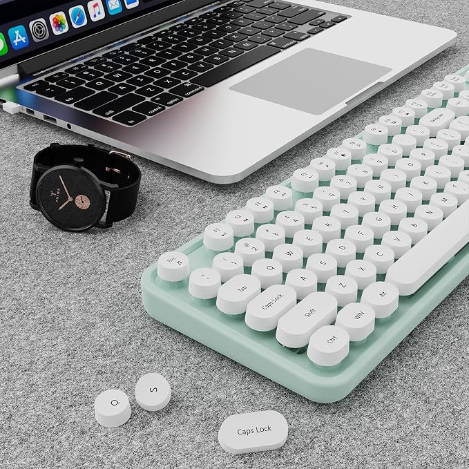 Wireless Keyboard and Mouse Combo, Ergonomic Full Size Typewriter Retro Round Keycaps Keyboard, Compatible with Windows, PC, Perfer for Home and Office Keyboards（Green） - Image 8