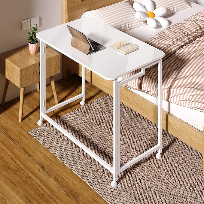 4NM 27.5" Mobile Small Rolling Computer Desk, Folding Laptop Cart Table with Wheels, Portable Office Desk for Small Space Couch Bed - All White - Image 2