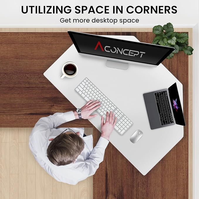 34 inch White Corner Height Adjustable Standing Desk Converter, One-Click Sit to Stand up Desk Riser, Pre-Assembled Dual Monitor and Laptop Workstation - Image 3