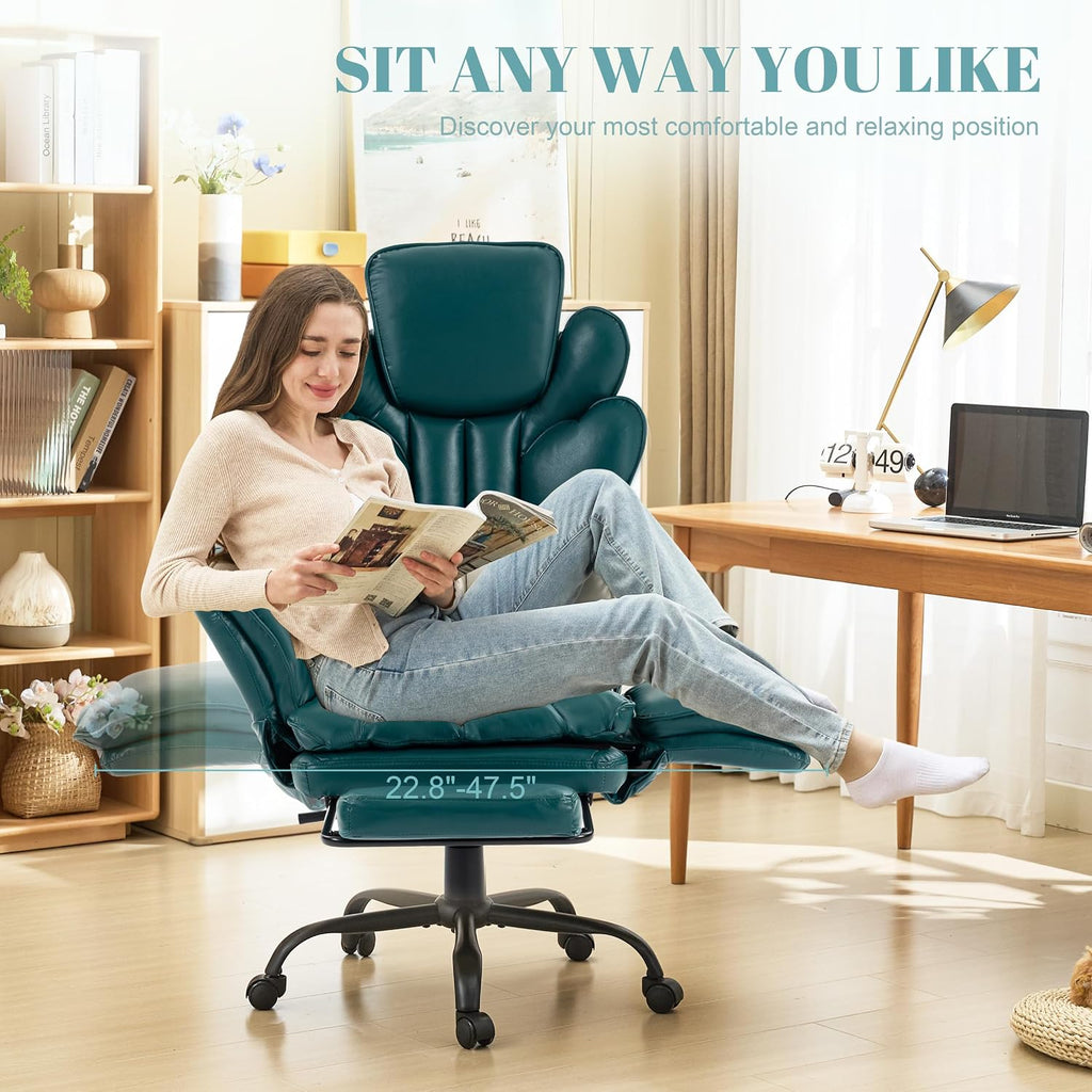 Flip Armrests Criss Cross Office Chair, Reclining Office Chair with Foot Rest, Adjustable Headrest, Massage Waist Pillow, Cross Legged Big and Tall Desk Chair Wide Seat Vanity Chair, Green PU Leather - Image 7