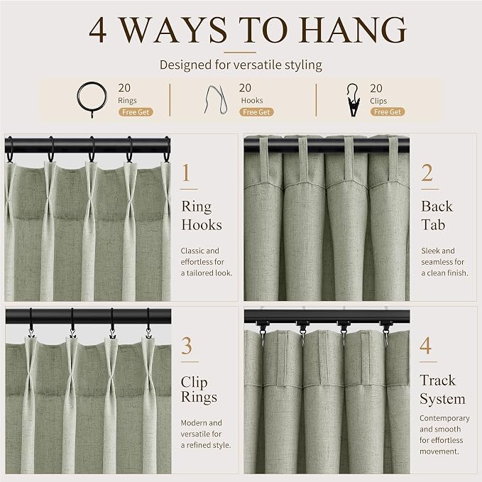 Hokibero Sage Green Pleated Linen Curtains 108 Inch Long for Living Room | Light Filtering Sheer Curtain,Pinch Pleat Back Tab Hooks Rings,Farmhouse Textured Privacy Drapes for Bedroom Window,2 Panels - Image 4