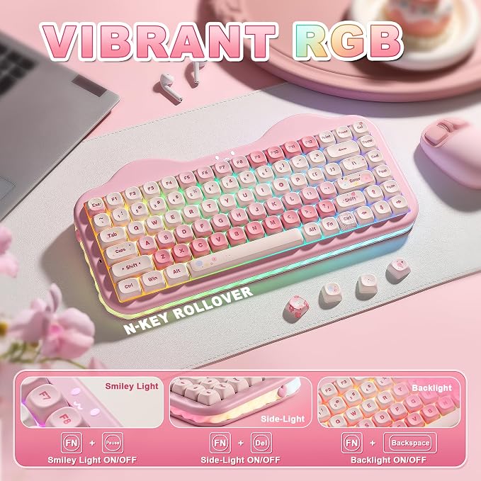 YUNZII C75 Cute 75% Wireless Mechanical Keyboard (Pink, Milk Switch) | Creamy Cake Keyboard, BT5.0/2.4G/USB-C, Hot-Swap, NKRO, PBT MOA Keycaps,5500mAh RGB Gasket Mount for Mac/Win/Gaming/Office - Image 7