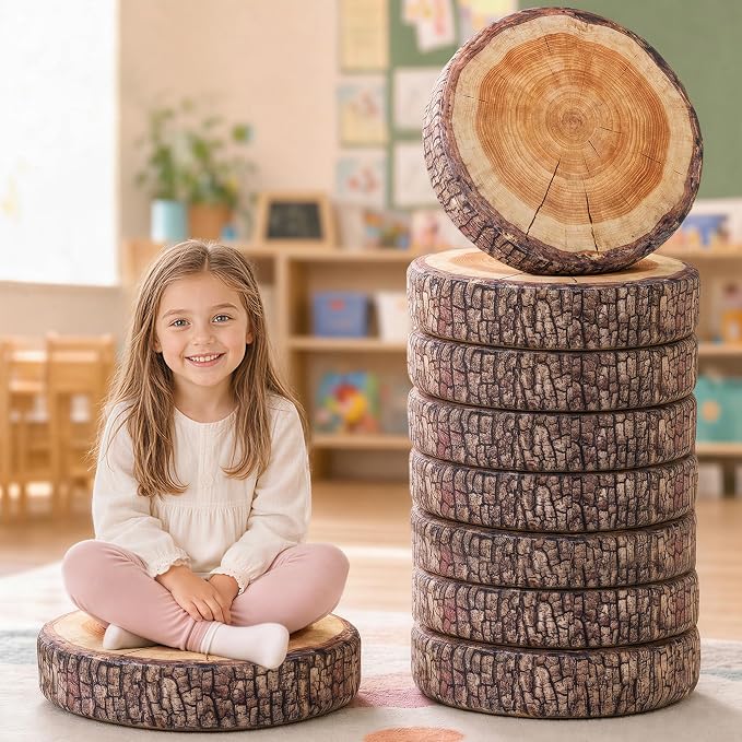 Floor Cushions For Kids 8Pack, Round Flexible Classroom Seating, 15 inch | Tree Stump Floor Pillows For Elementary, Daycare & Reading Nook, Removable Machine Washable Cover, Safe Sitting Pillow by DegreesofComfort