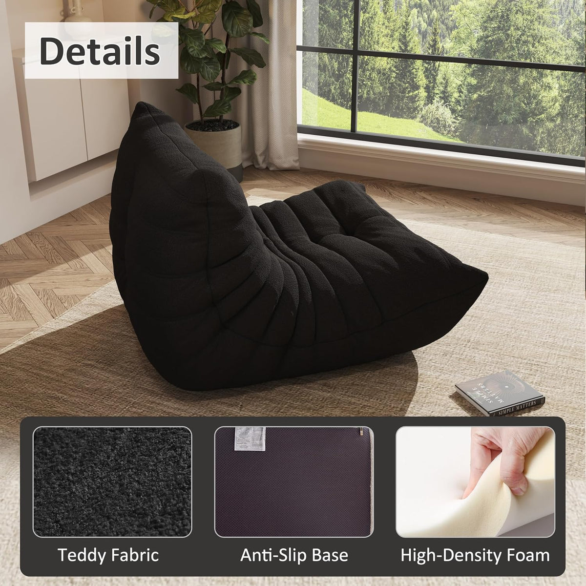 Giant Bean Bag Chair for Adults,Comfy Lazy Fireside Accent Chair with Memory Foam,Cozy Single Floor Sofa Couch Boneless Chaise Lounge for Living Room Bedroom Gaming Room(Black,1Seater) - Image 4