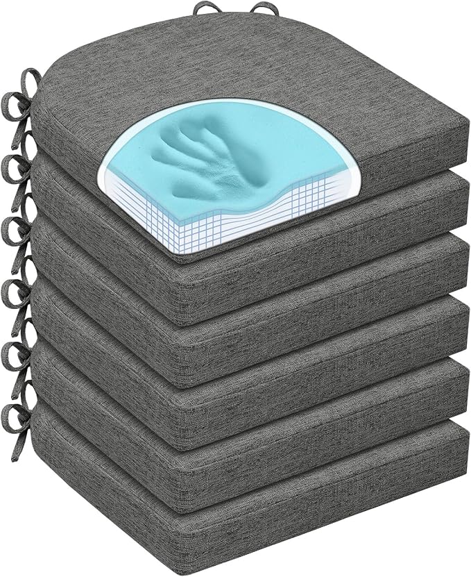 Chair Cushions for Dining Chairs, Non Slip Chair Pads with Ties and Washable Covers, Memory Foam Kitchen Chair Cushions Set of 6, 16"X16"X2.5", Dark Gray by HOMELYSIAN