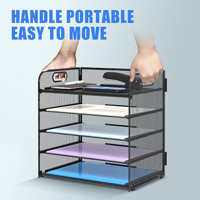 5 Trays Paper Organizer Letter Tray with Handle-Mesh Desk File Holders, Paper Sorter Desk Organizer for Office, Home, Classroom or School - Image 5