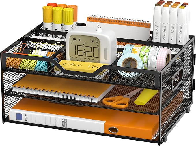 3 Tier Metal Desk Organizer with Magazine File Holder, Black | Space saving workspace desk file trays. Includes pencil holder and portable handles. Ideal for school and office supplies by Unknown