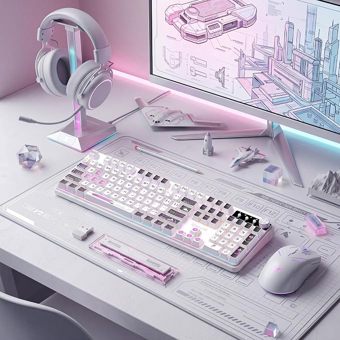 Redragon RM104 Wireless Keyboard with Knob, Tri-Mode BT/2.4G RGB Computer Keyboards, 4000mAh Battery, Programmable Software Support, Anti-Ghosting, Compatible with PC Mac - Pink & White - Image 7