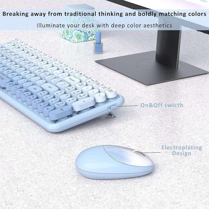 UBOTIE Wireless Keyboards and Mouse Combo (Blue Gradient) | Colorful Gradient Rainbow Color Retro Typewriter Flexible Keyboard, 2.4GHz Connection and Optical Mouse for PC Wins Mac - Image 4