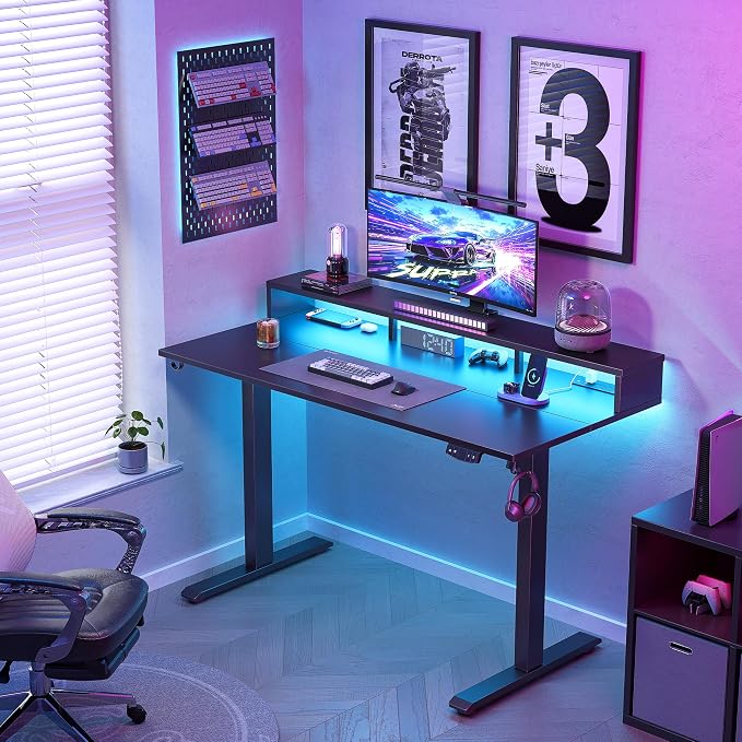 Klicelor Electric Standing Desk with Shelf, 55 Inch Height Adjustable Desk with Power Outlets & LED, Sit Stand Up Table with Monitor Stand, Computer Workstation for Home Office, Black - Image 2