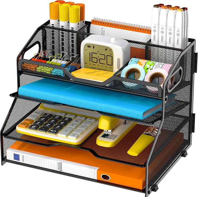 4 Tier Metal Desk Organizer with Magazine File Holder, Black | Space saving workspace desk file trays. Includes pencil holder and portable handles. Ideal for school and office supplies by Unknown