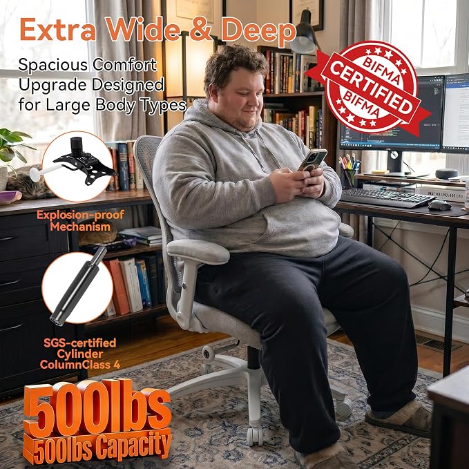 Big and Tall Office Chair 500lbs Heavy Duty Ergonomic Mesh Desk Chair with 23.6" Extra Wide Seat, 29.5" High Back, Adjustable Lumbar Support Flip-Up Arms for Large Body Types(Light Gray) - Image 3