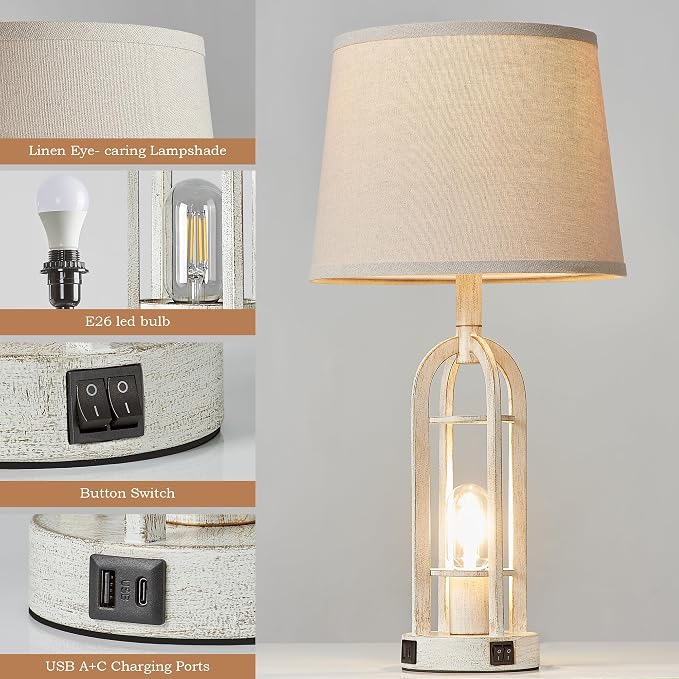 SRJJA Farmhouse Table Lamps for Living Room Set of 2 - Rustic Industrial Bedside Lamps for Bedroom Nightstand with Nightlight and USB A+C, 4 Bulbs Included - Image 5