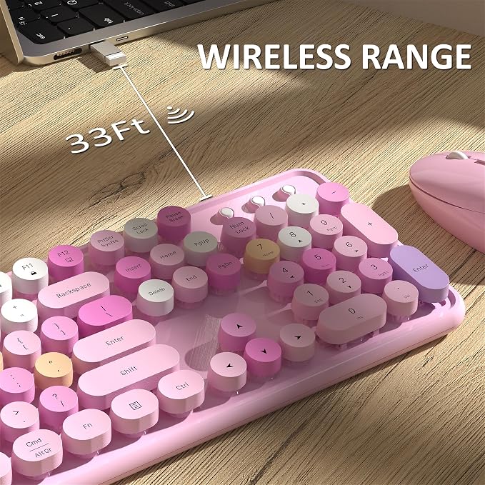 Links9+ Colorful Wireless Keyboard and Mouse Combo (Pink Colorful) | Full-Size Retro Typewriter Style Keyboard with Vintage Round Keycaps, 2.4G Wireless Set for Windows, Mac, Laptop, PC, Tablet - Image 7