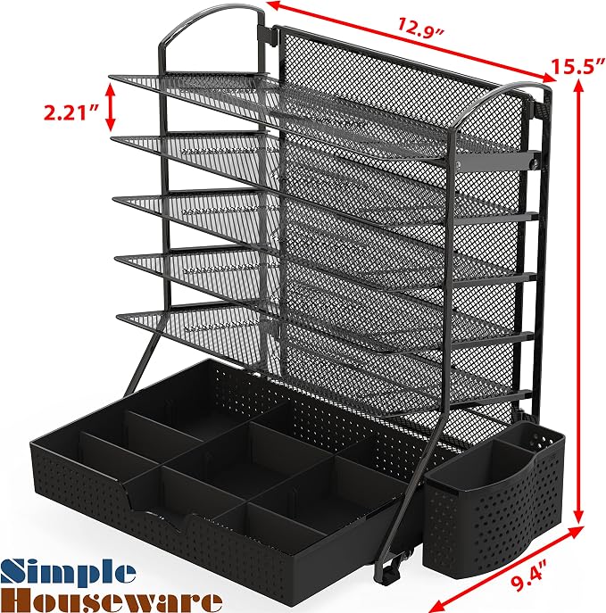 Simple Houseware 6-Tier Desk File Organizer w/Drawer & Pen Holder, Black | 5 Tilted Letter Trays for A4 Paper, Mail and Documents - Image 2